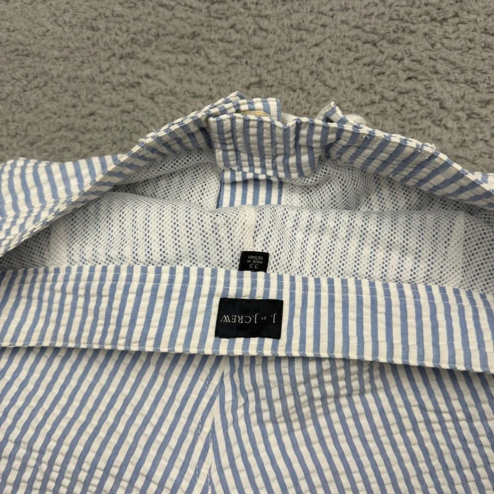 J. Crew Board Shorts Mens 33 Blue Seersucker Striped Swim Trunks Draw String EUC